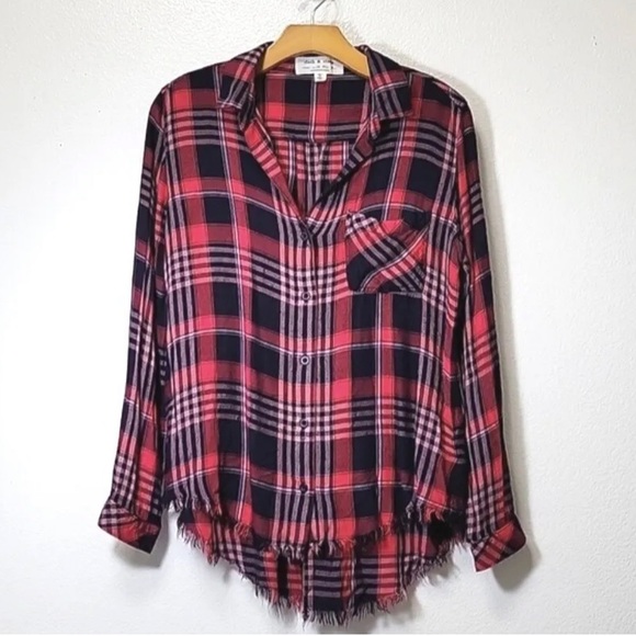 Anthro Cloth & Stone Red Paid Button Down Shirt Frayed Hem - Picture 6 of 11